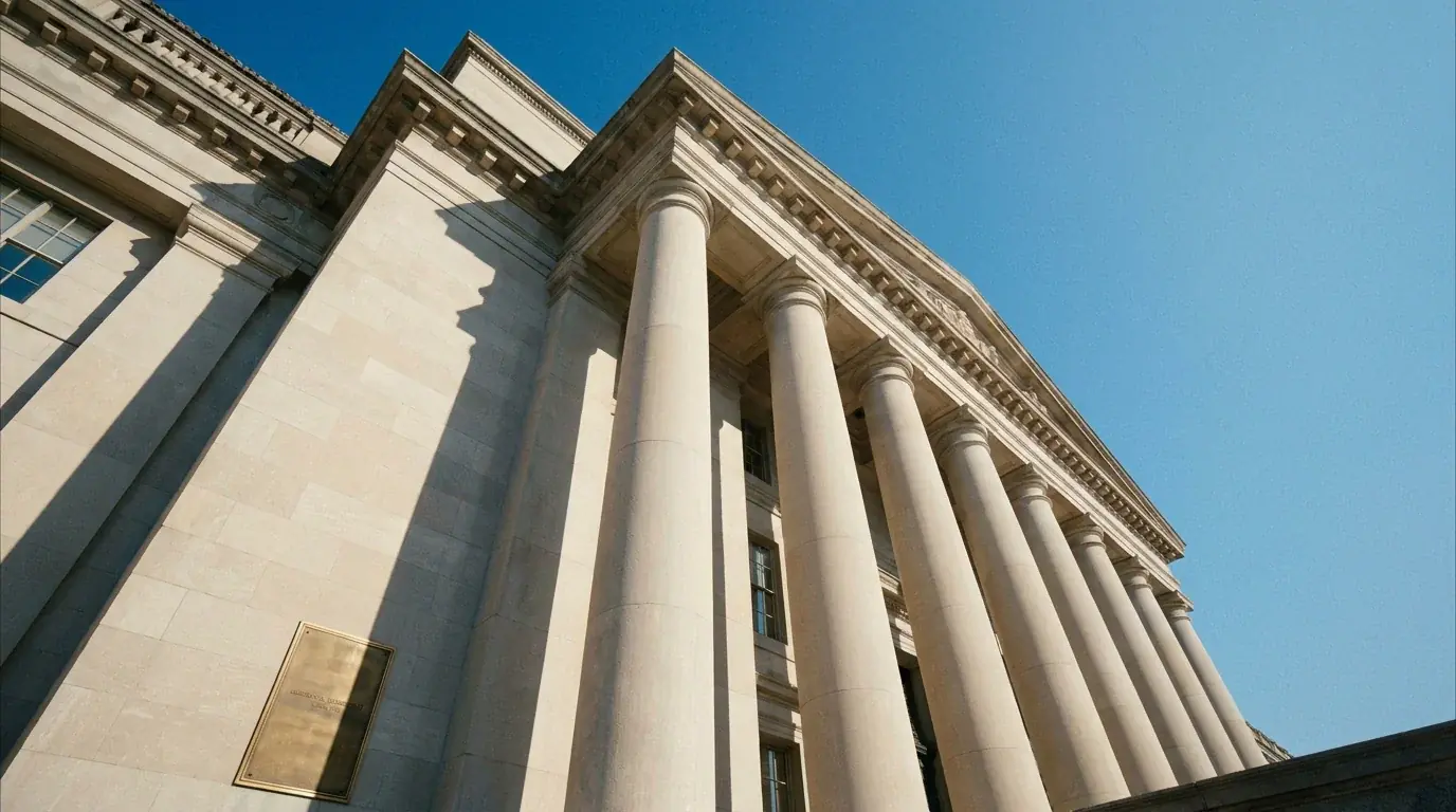 Attorney general office exterior with a sign, representing state-level enforcement actions forcing sweepstakes casino operator exits