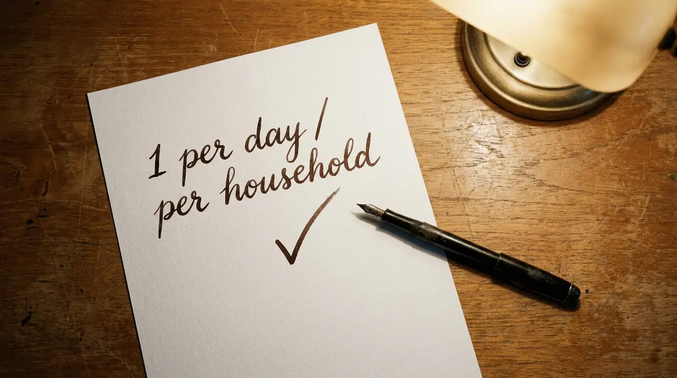 Document showing one-per-day household AMOE rule with a simple checklist and mailing address illustration