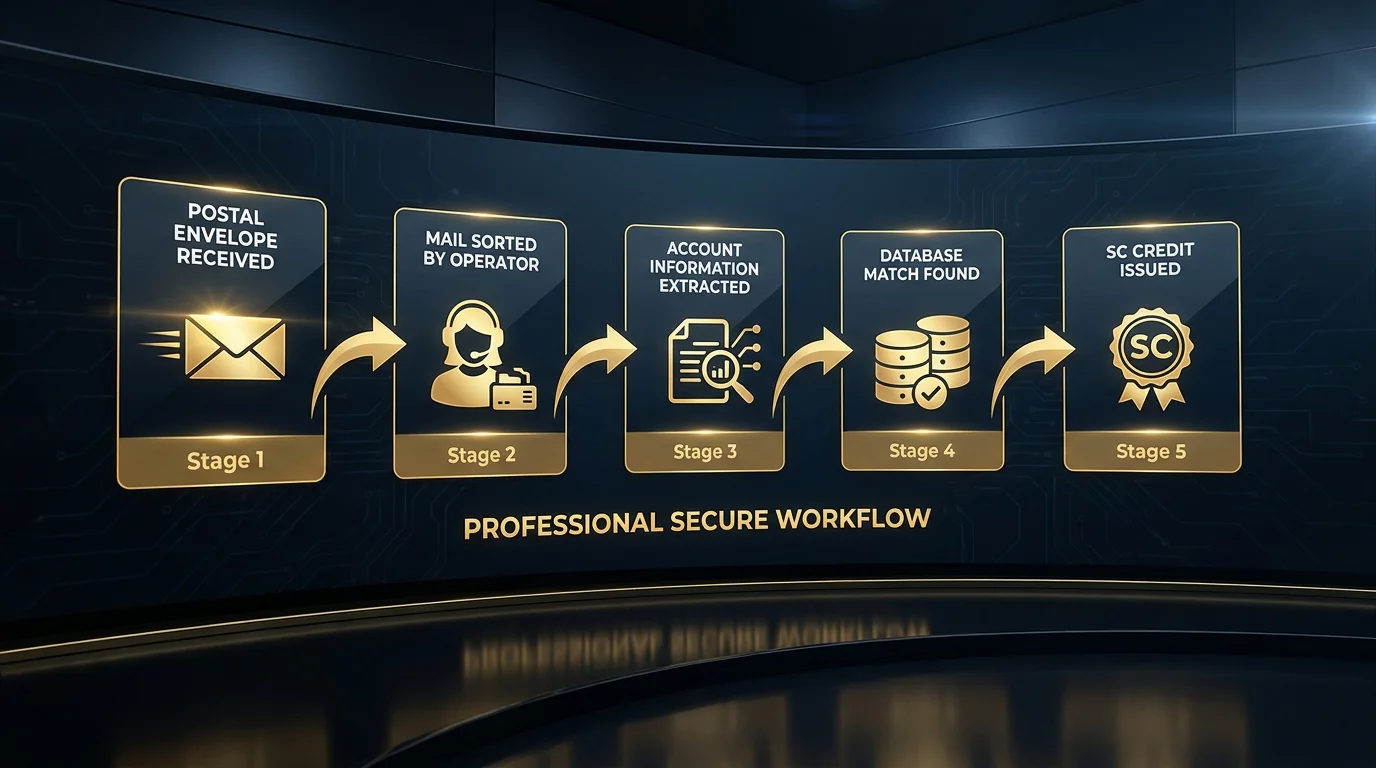 Step-by-step workflow of sweepstakes casino AMOE mail processing from receipt to SC credit