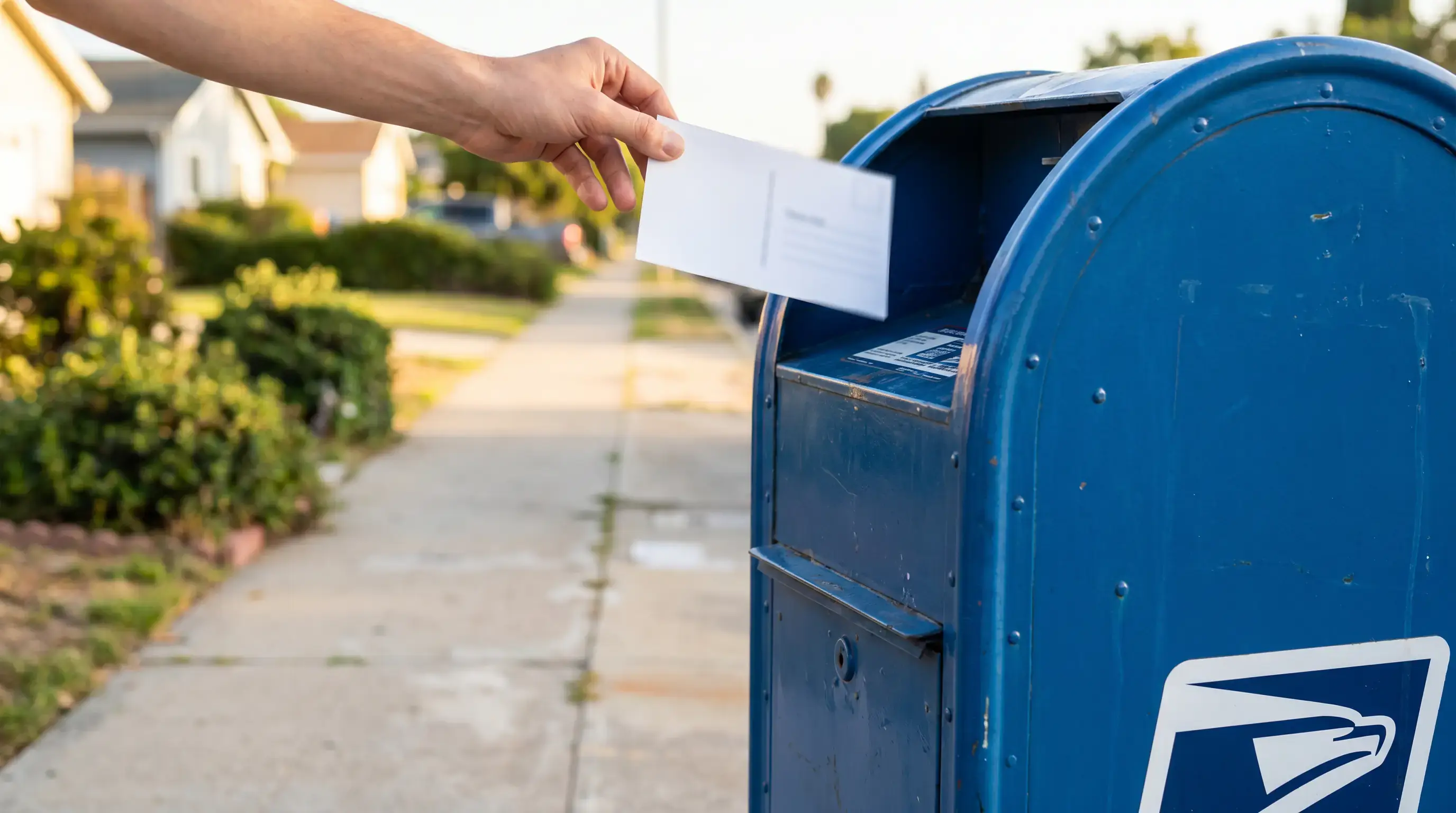 Person dropping an addressed postcard into a blue USPS collection mailbox for a sweepstakes AMOE request