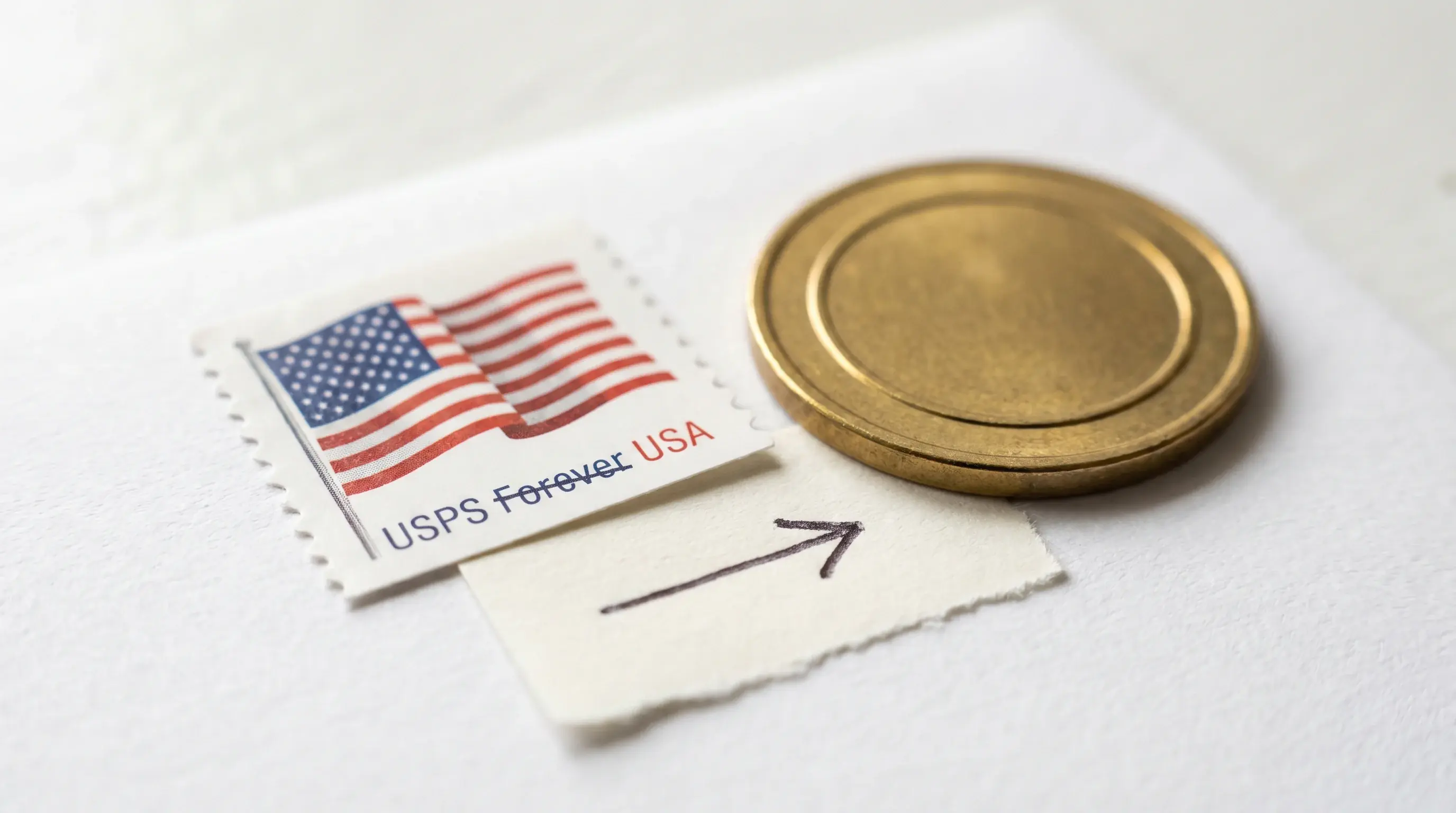 Close-up of a postcard stamp next to a simple return-on-investment note showing AMOE postage cost versus Sweeps Coins value
