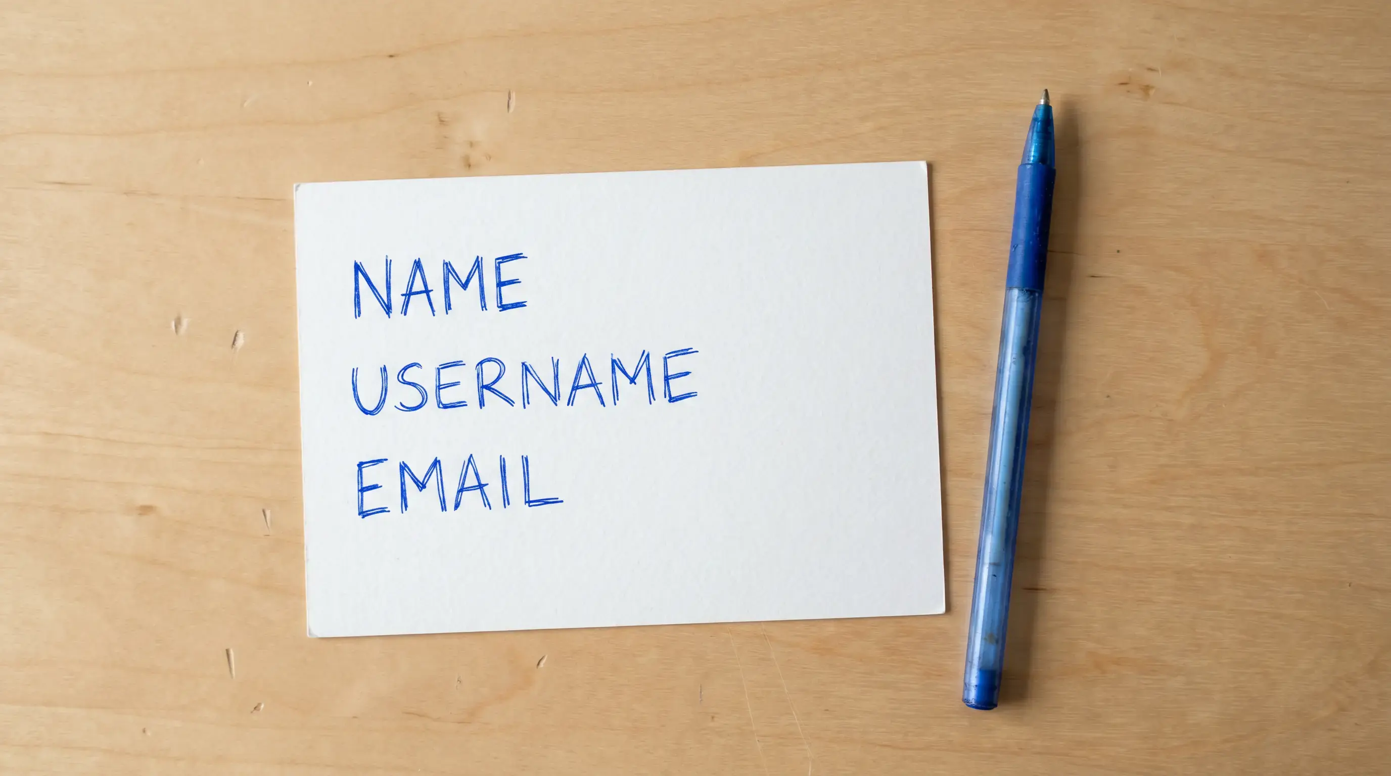 Handwritten AMOE postcard format showing block letters for username and email address to avoid processing errors