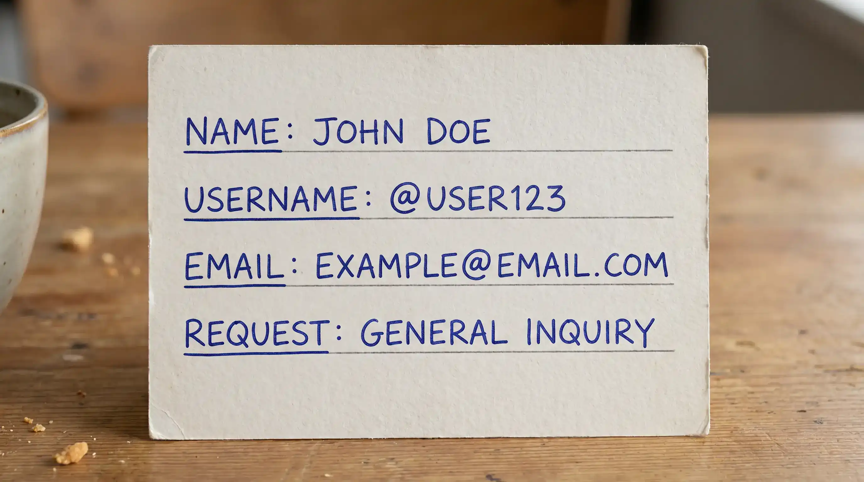 AMOE postcard message side example showing username email and required request phrase written clearly in separate labeled lines