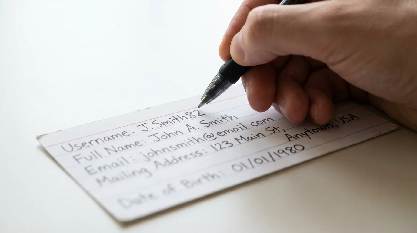 Close-up of handwritten AMOE postcard showing required fields: username, name, email, address, date of birth