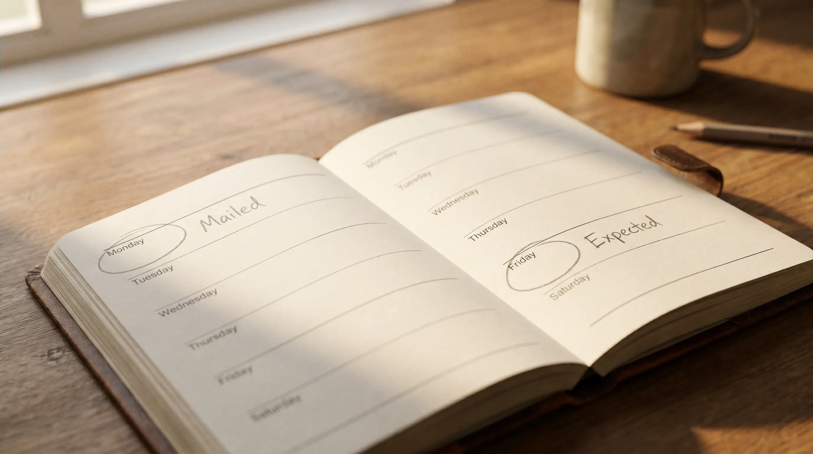 Desk planner showing a two-to-three week processing window timeline for sweepstakes AMOE mail-in requests