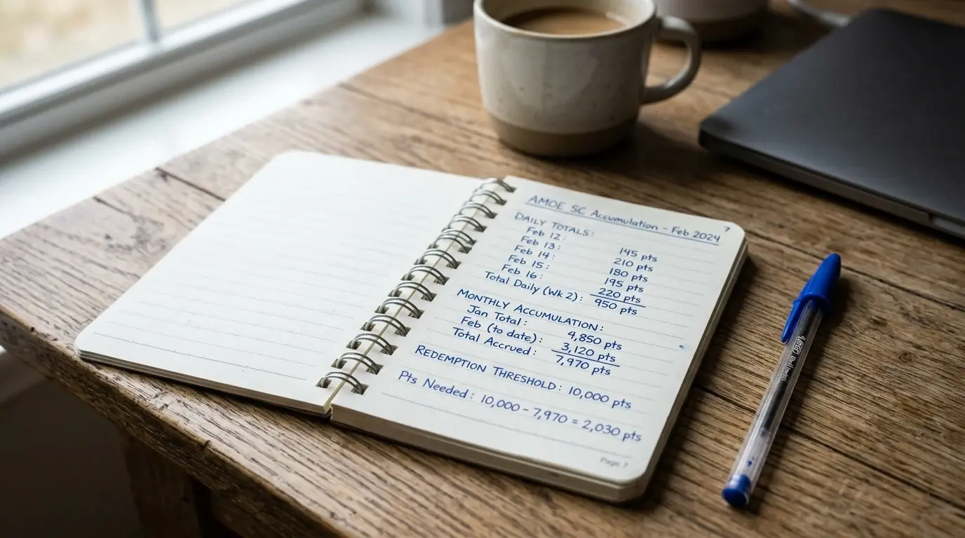 Simple handwritten math on notepad showing daily SC accumulation rate and weeks needed to reach minimum redemption