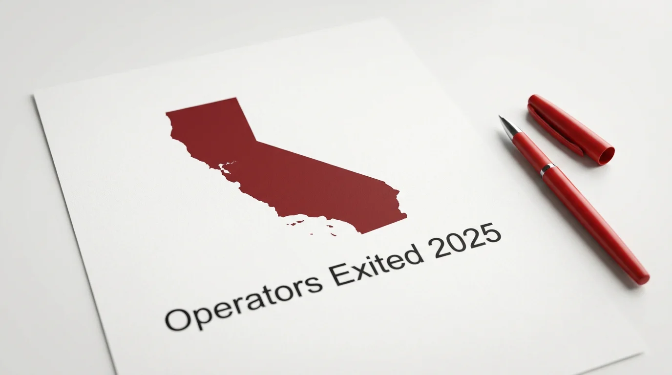 California state outline with a visual indicator showing sweepstakes casino operator exits following the 2025 regulatory ban