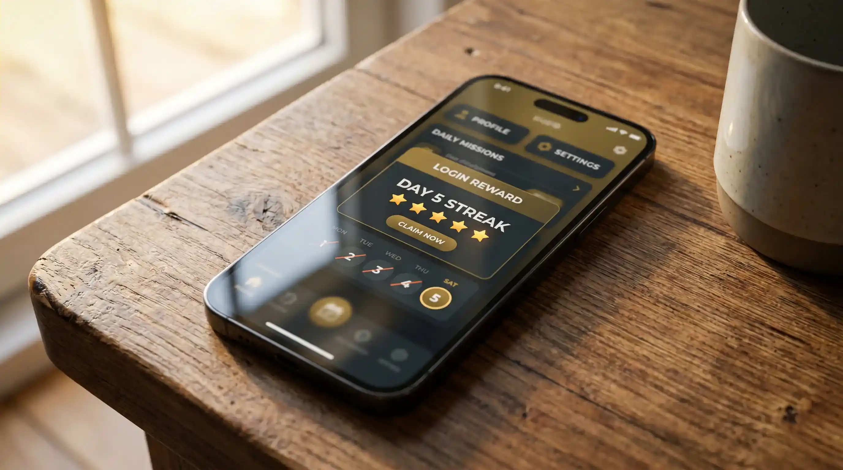 Mobile phone screen showing a sweepstakes casino daily login bonus notification with a streak reward indicator