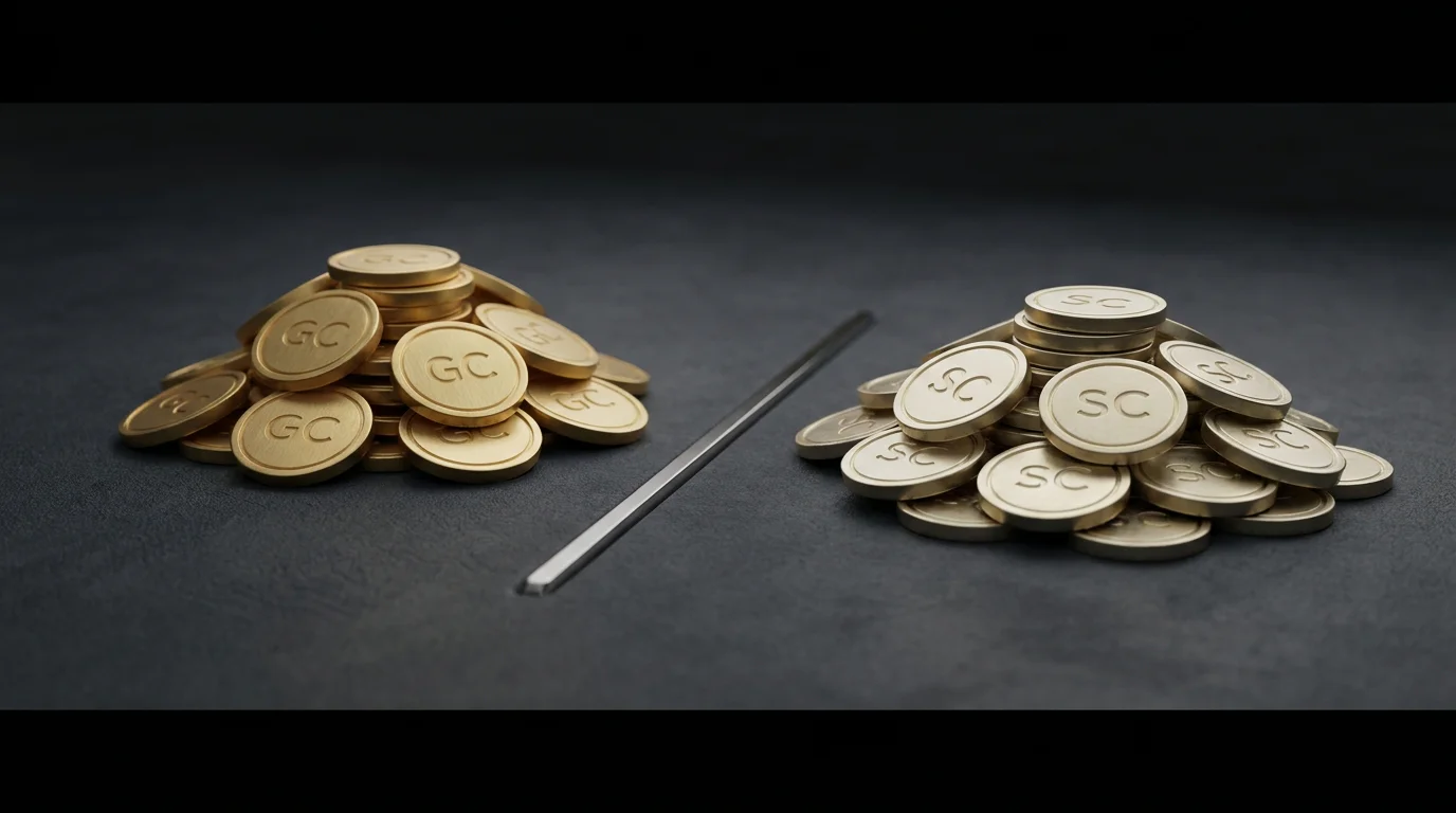 Two distinct groups of tokens representing Gold Coins and Sweeps Coins side by side, showing the dual-currency structure of sweepstakes casinos