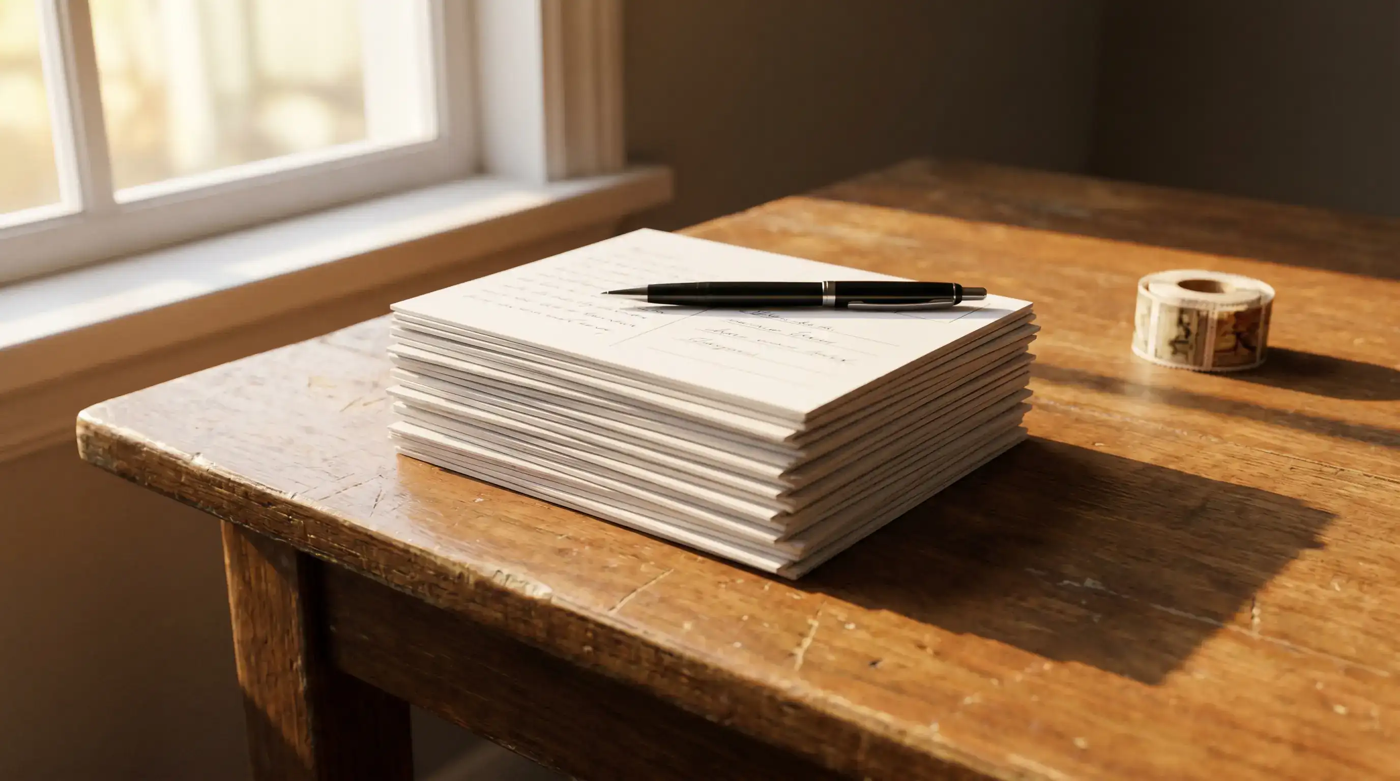 Stack of handwritten AMOE postcards ready to mail daily as part of a multi-operator sweepstakes free coins strategy
