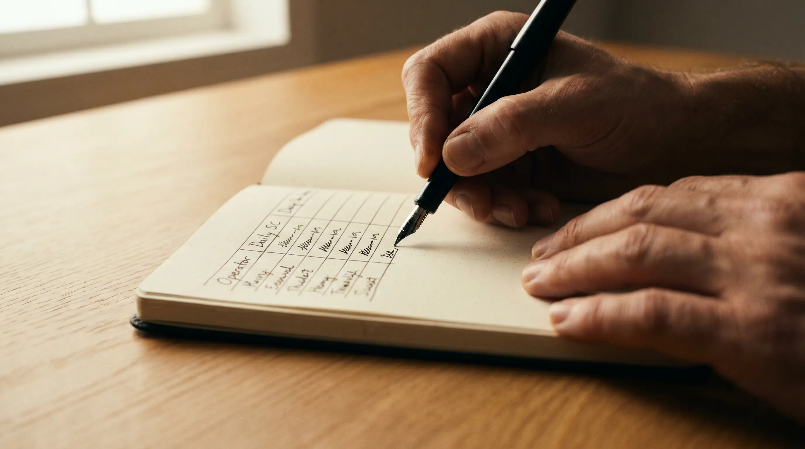 Person planning a multi-operator Sweeps Coins strategy on a notebook with AMOE and daily login columns side by side