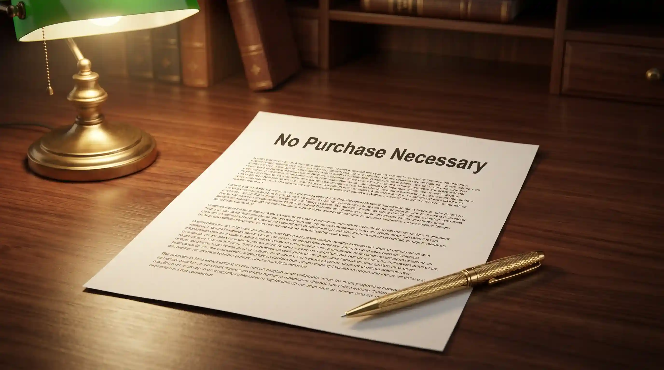 Official sweepstakes rules document open on a desk showing the no-purchase-necessary disclosure requirement