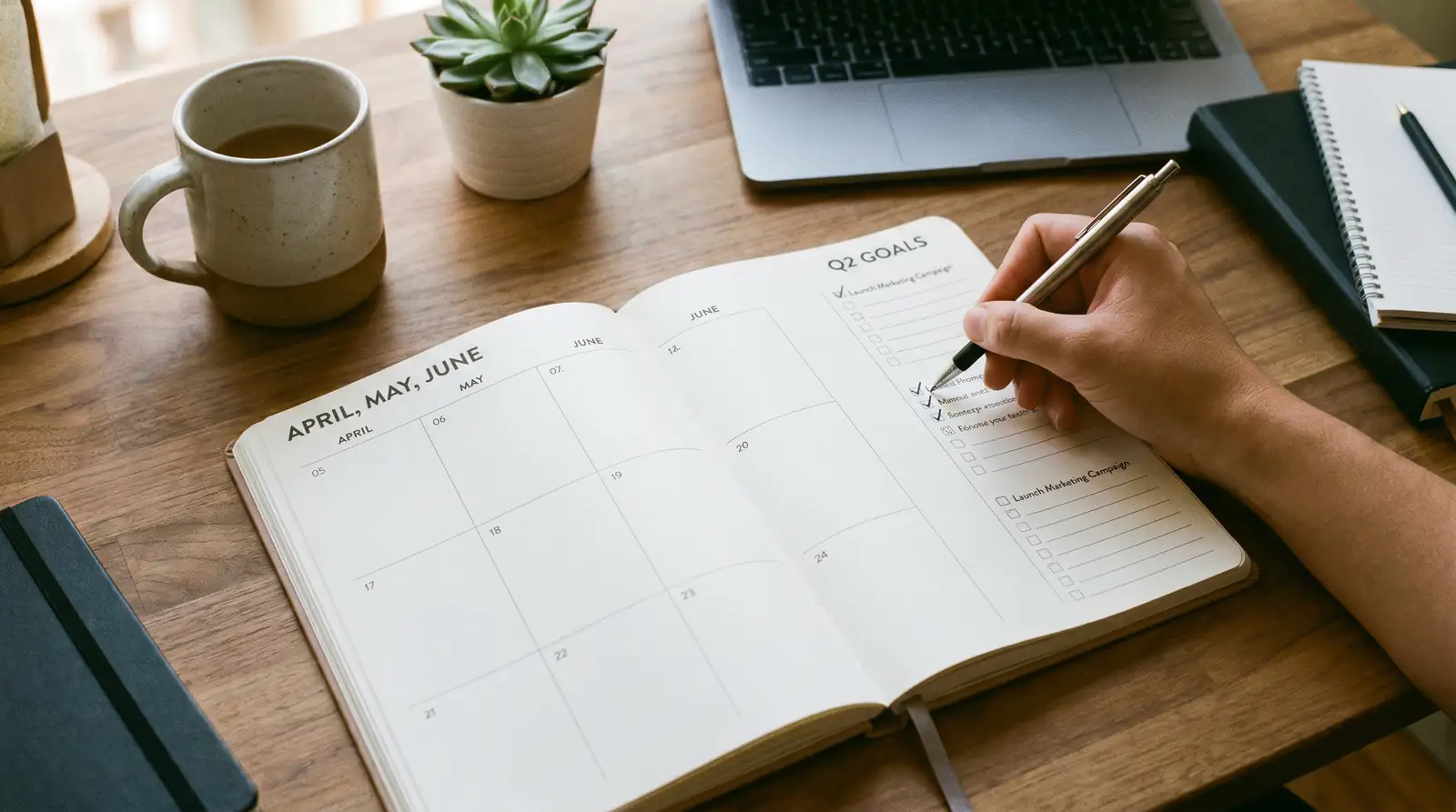 Paper desk calendar with quarterly checkmarks indicating address reverification dates for active AMOE participants