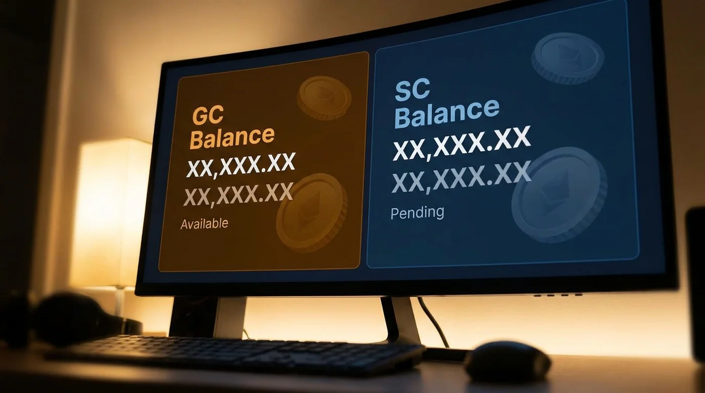 Sweepstakes casino dual currency wallet interface showing separate SC and GC balances with different rules and redemption options