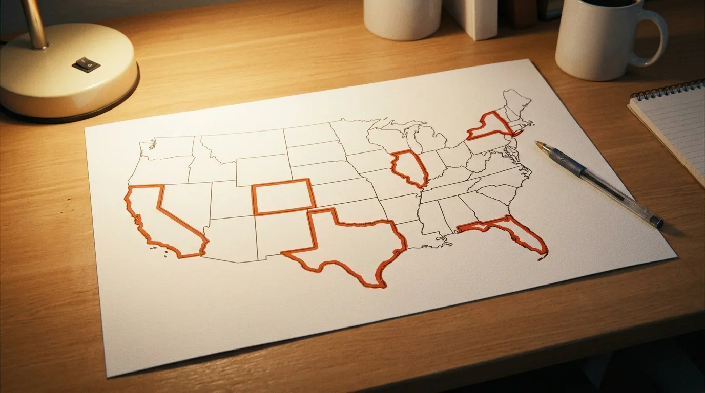 US map showing six states that banned sweepstakes casinos in 2025 including California New York Montana Connecticut New Jersey and Nevada