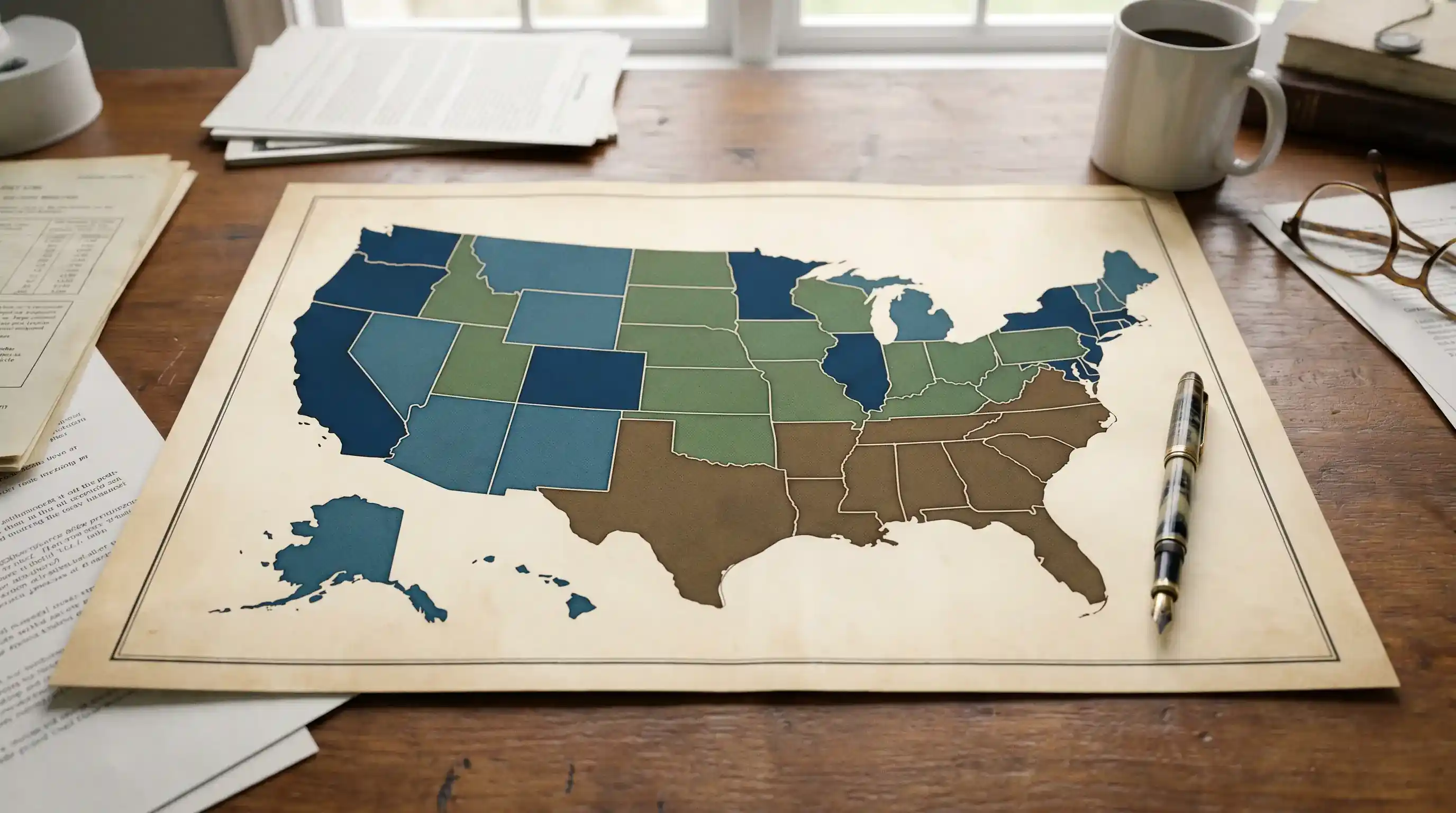 Printed U.S. map showing states with specific income tax treatment of sweepstakes prize winnings