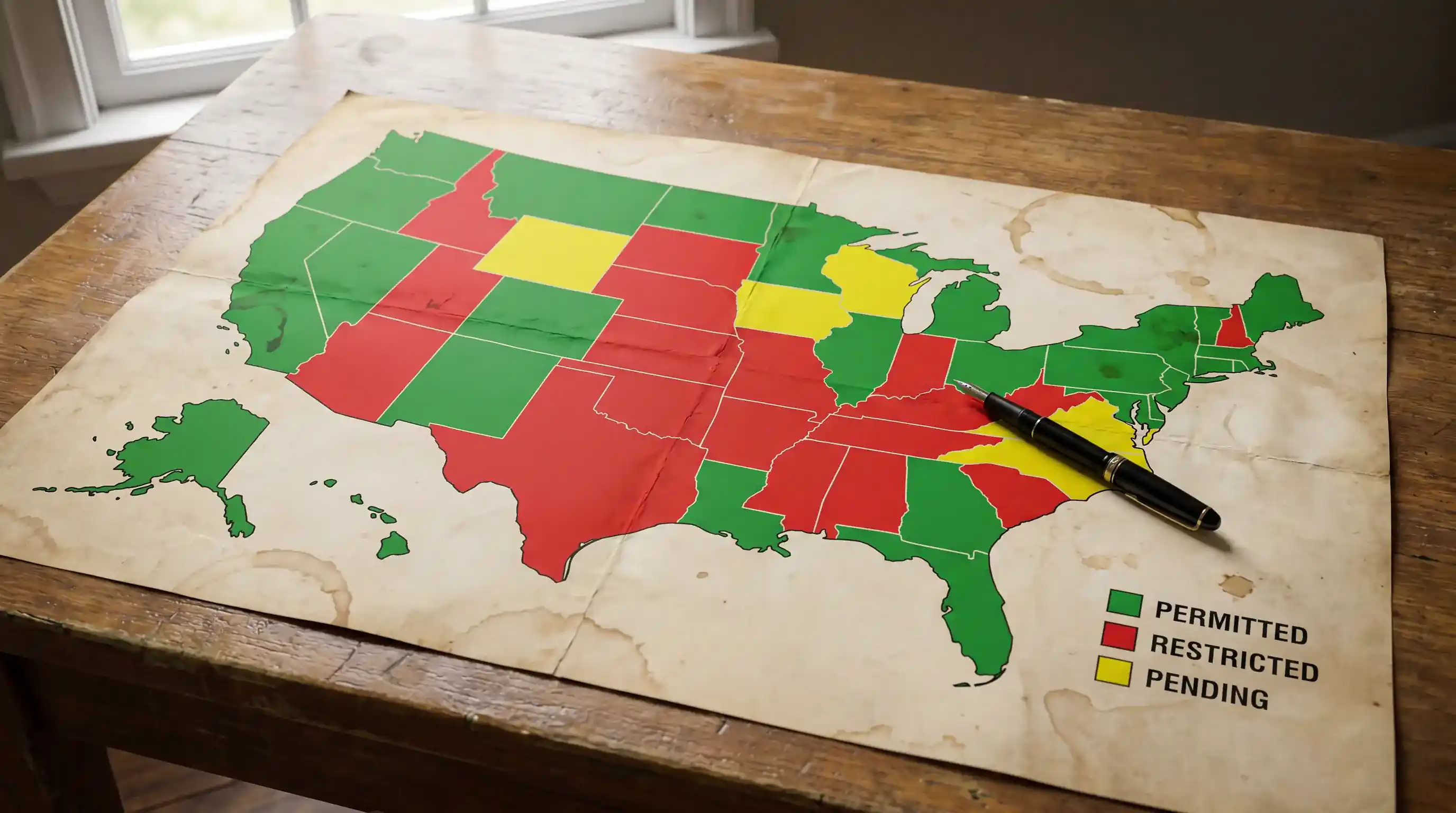 Color-coded U.S. map showing geographic fragmentation of sweepstakes casino access after state-by-state restrictions