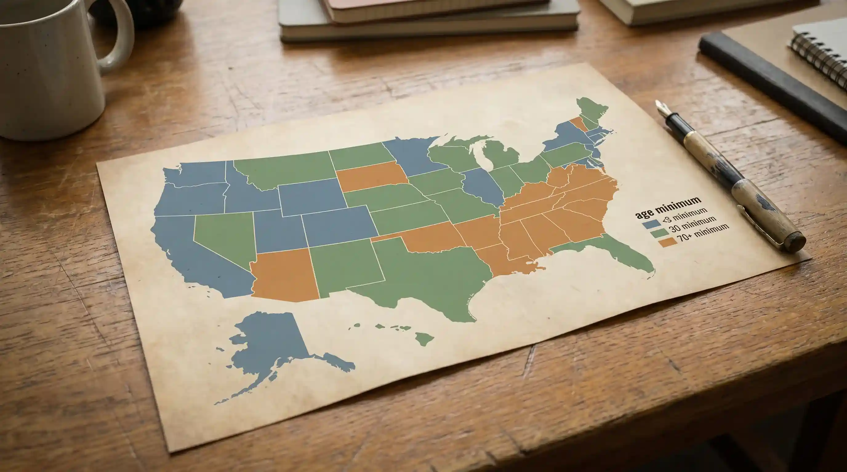 Printed U.S. map showing sweepstakes casino minimum age requirements varying by state from 18 to 21