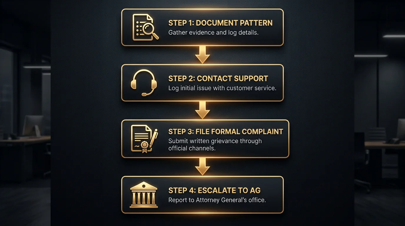 Flowchart showing steps to escalate AMOE complaint from support contact to attorney general filing