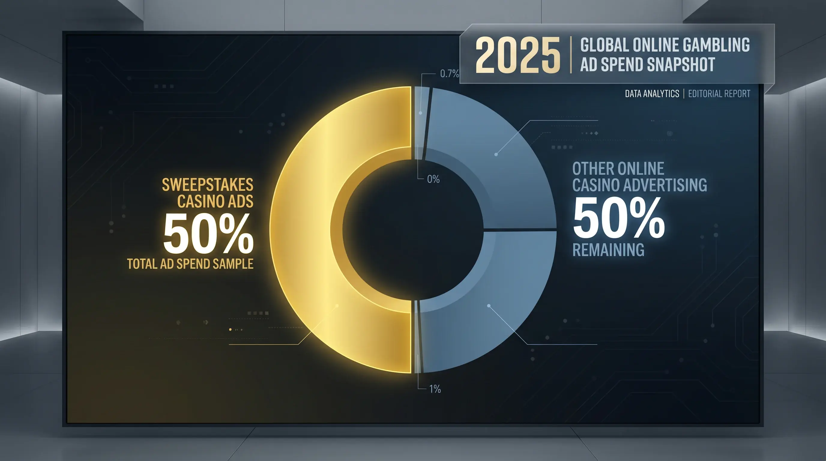 Overview of sweepstakes casino digital advertising scale showing 50 percent share of online casino ads in 2025