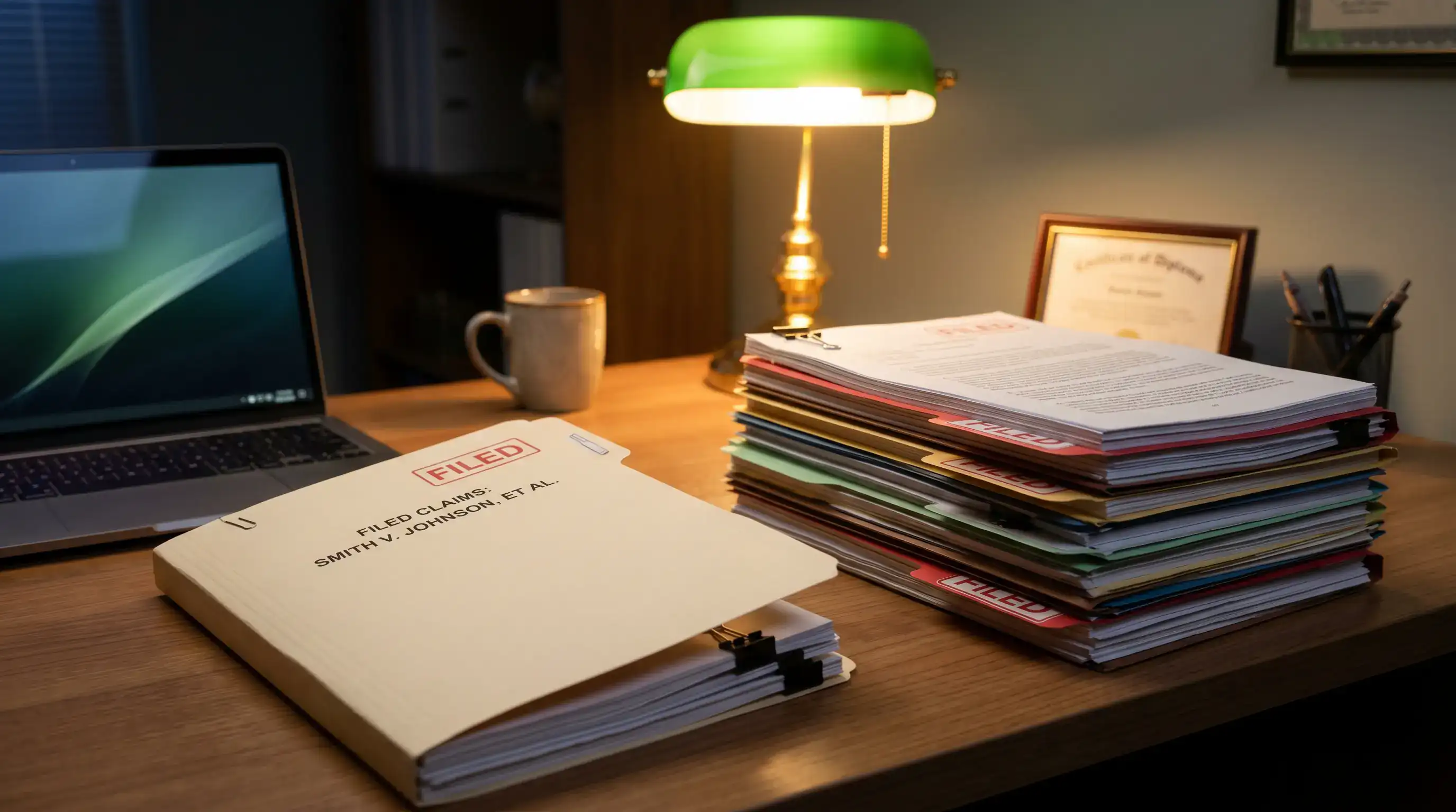 Legal filing stack and notepad representing over 100 class-action lawsuits filed against sweepstakes operators by 2026