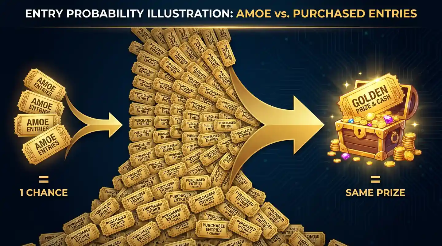 Illustration of how paid entries create volume advantage over AMOE entries at sweepstakes casinos