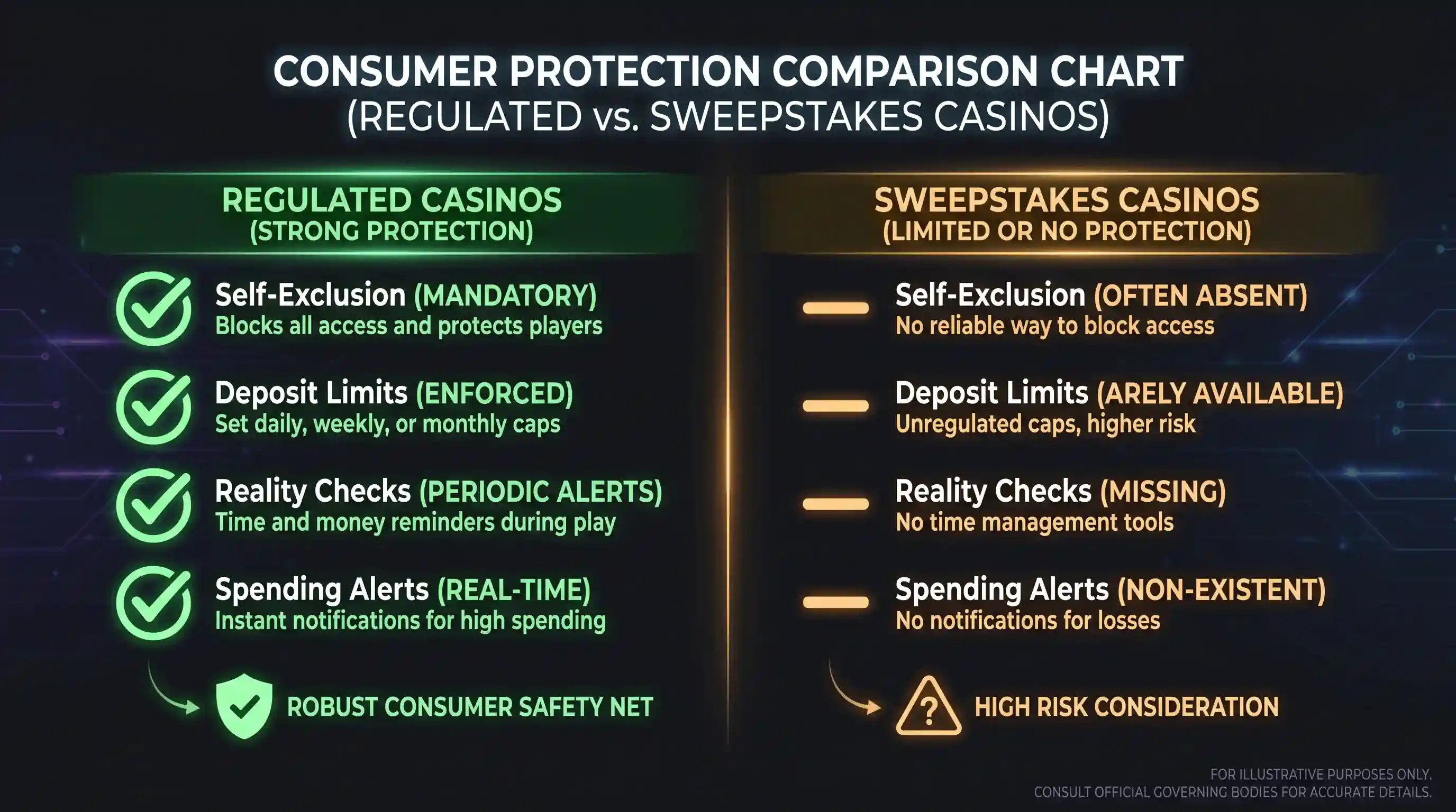 Comparison showing self-exclusion program available at licensed casinos but absent at sweepstakes platforms