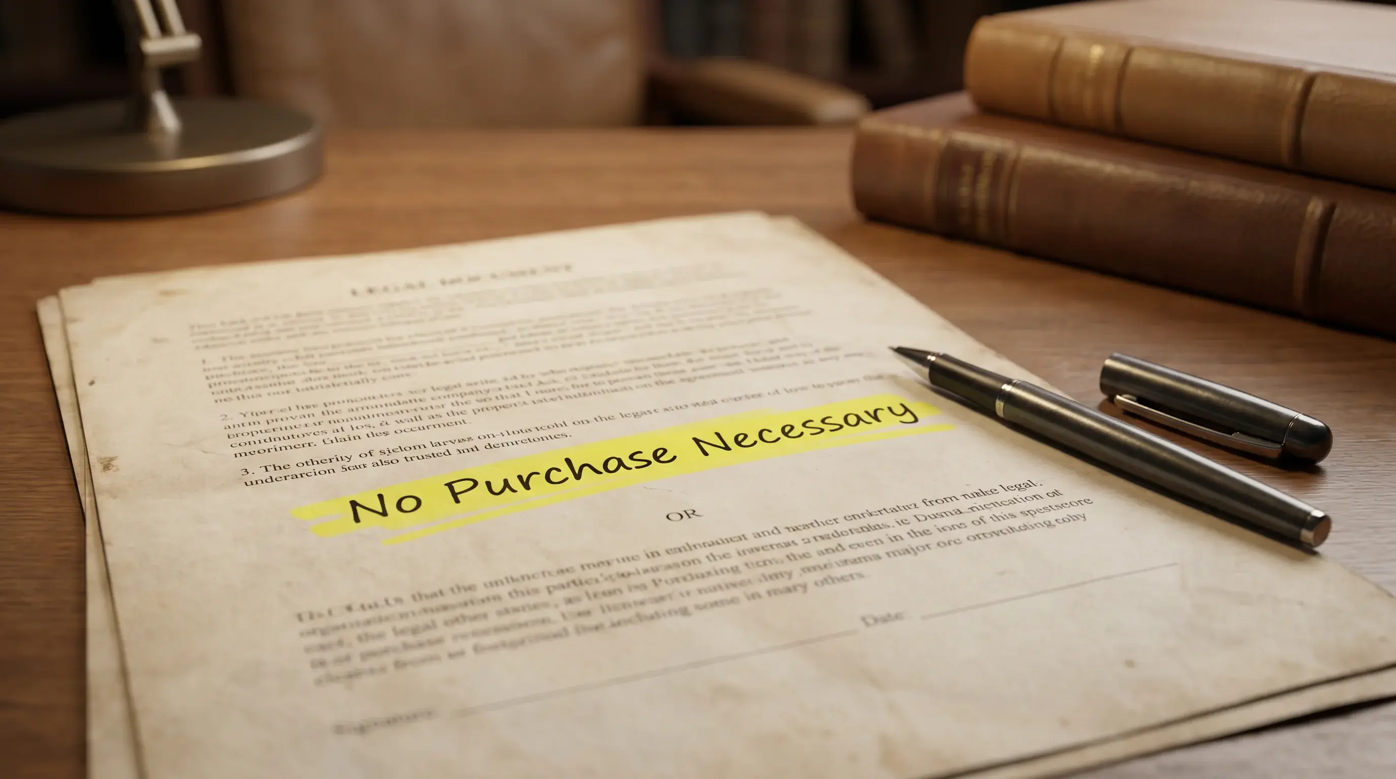 No purchase necessary legal definition in sweepstakes law showing why postage cost does not constitute consideration under three-element test