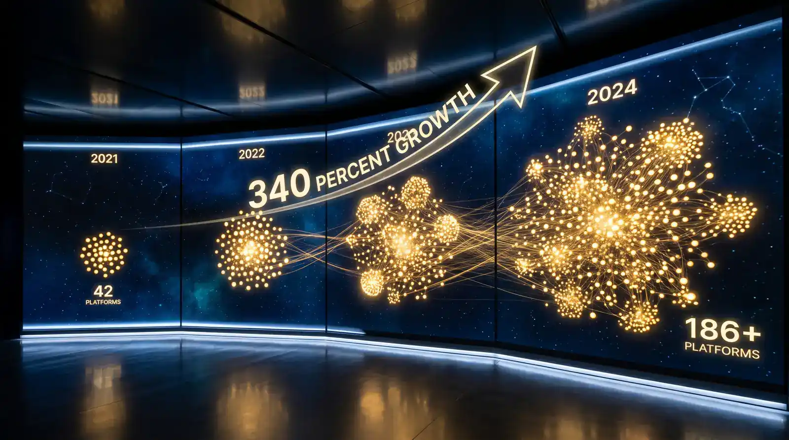 Growth visualization showing sweepstakes casino platform count expanding 340 percent to 186 operators by 2024