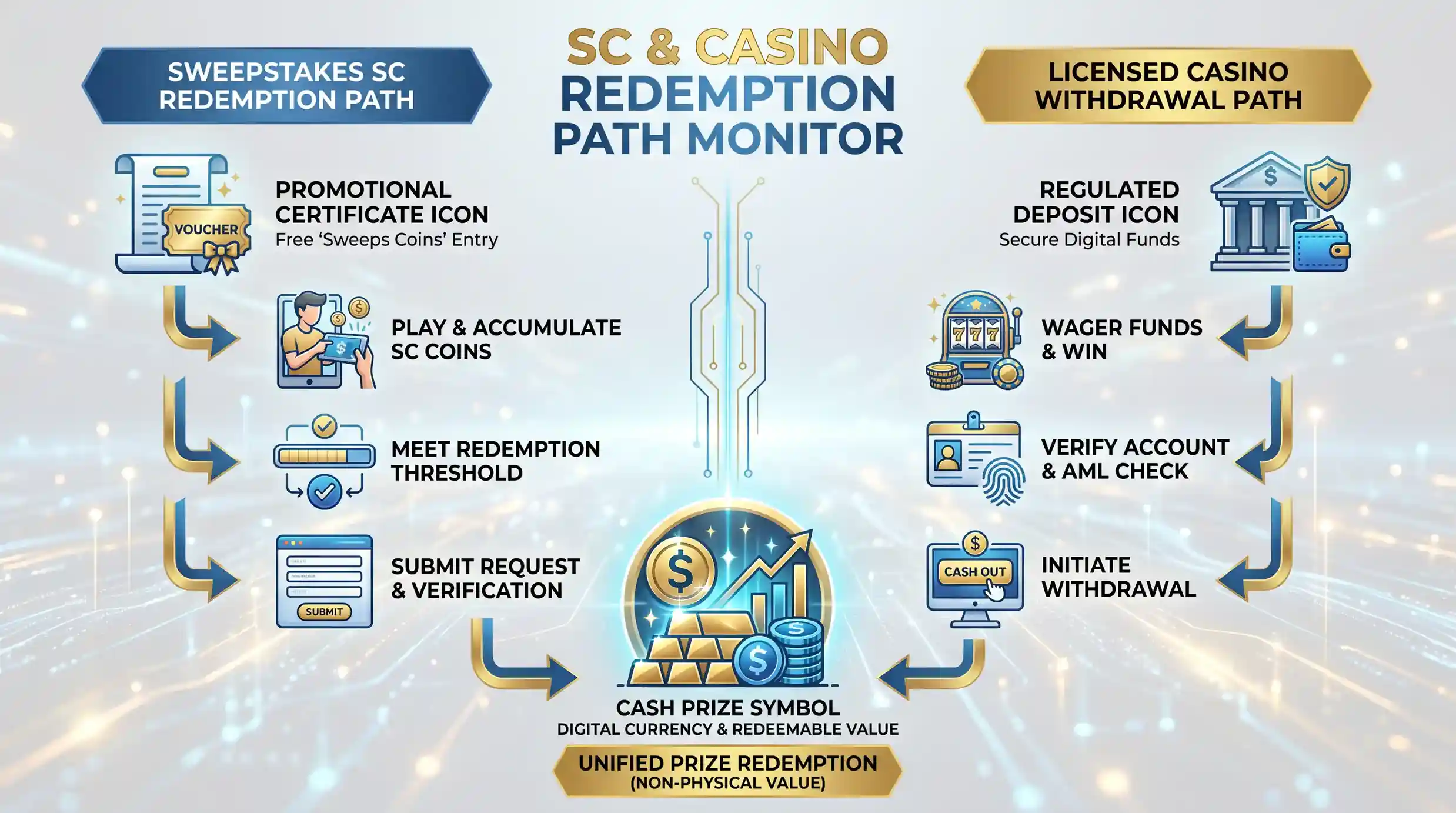 Process comparison between sweepstakes Sweeps Coins prize redemption and licensed casino cash withdrawal