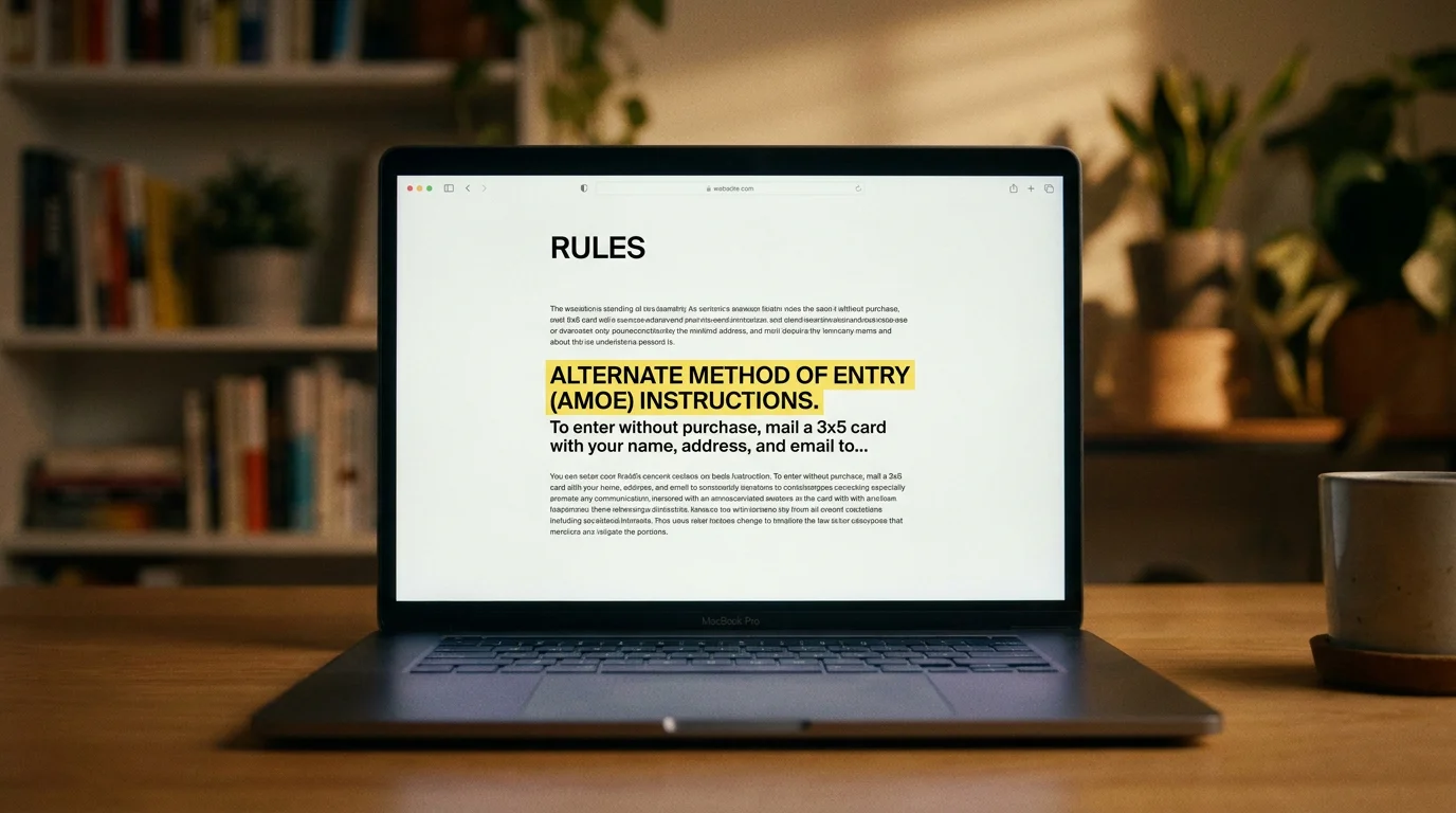 Sweepstakes casino rules page footer showing where to find AMOE instructions in promotions rules and account settings sections