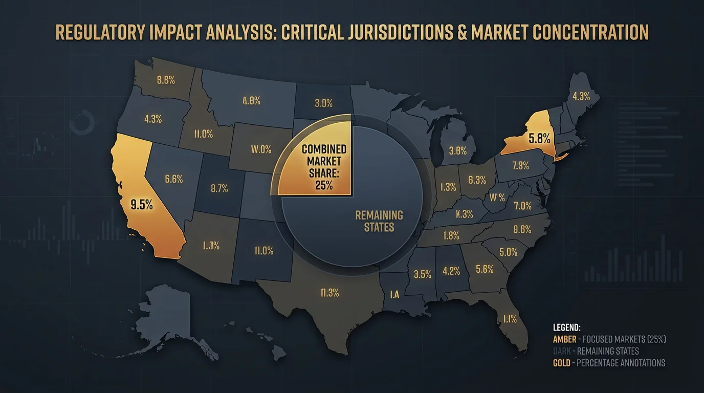 Revenue impact analysis of sweepstakes casino state bans in California and New York representing 25 percent of market