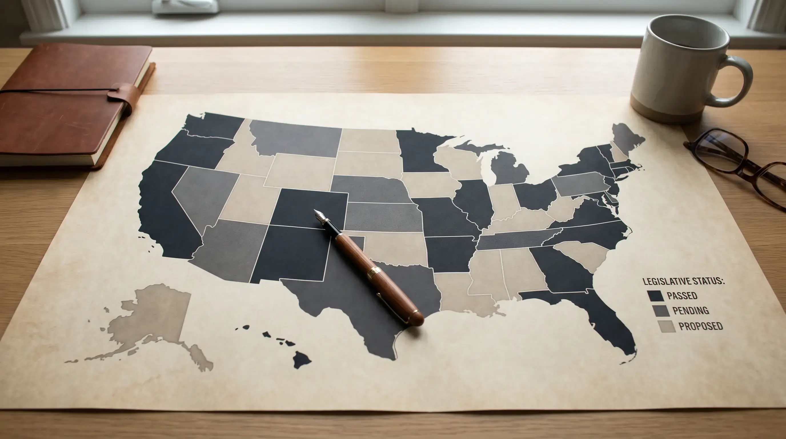 U.S. map with states shaded showing pending sweepstakes legislation and active regulatory decisions in 2026