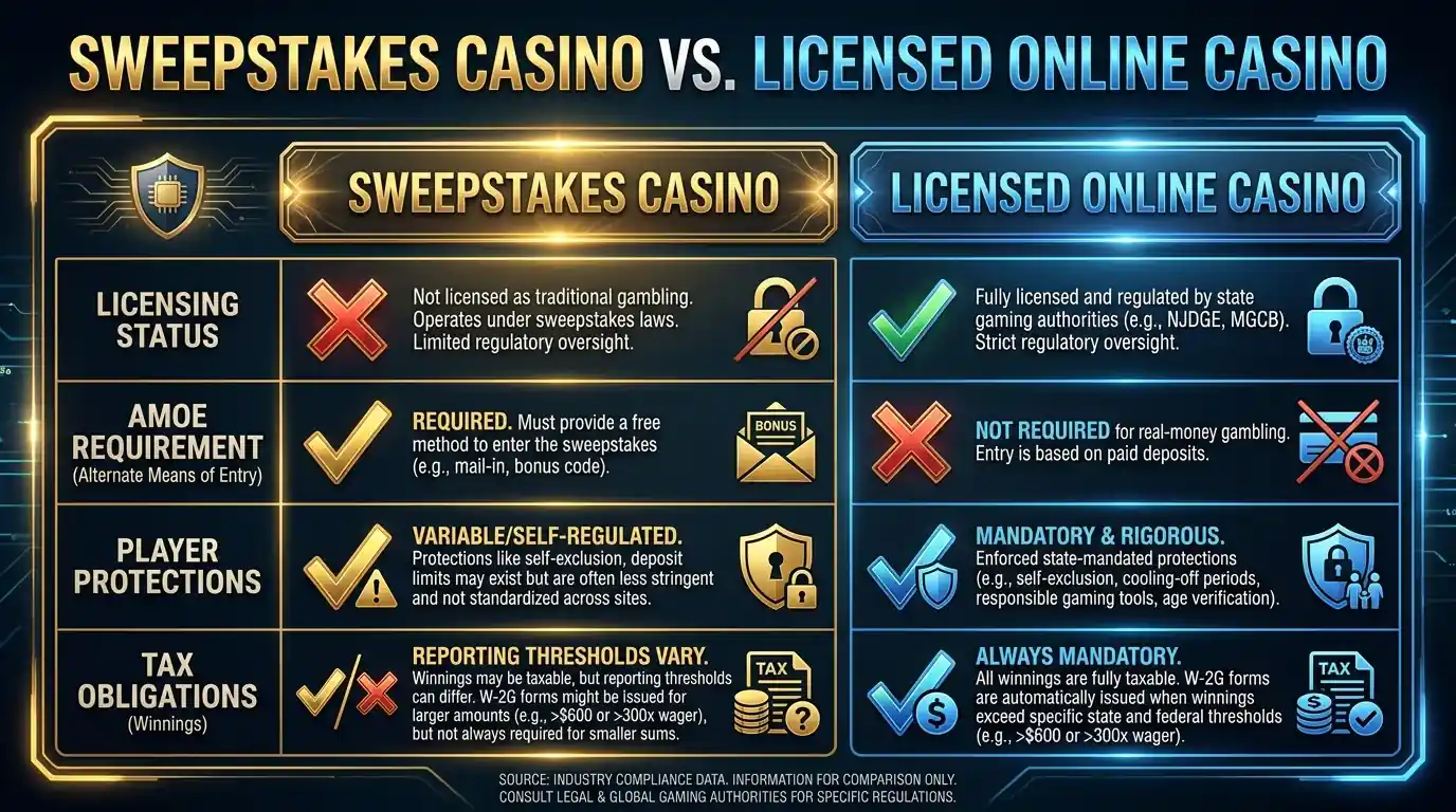 Side-by-side comparison chart of sweepstakes casino versus licensed online casino regulatory framework