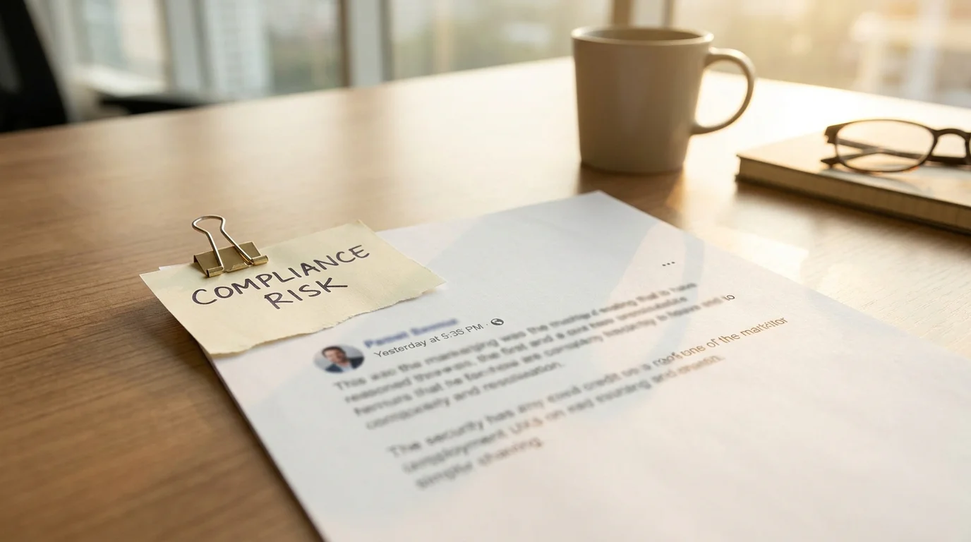 Social media post with a tag-a-friend contest mechanic and a compliance warning note beside it