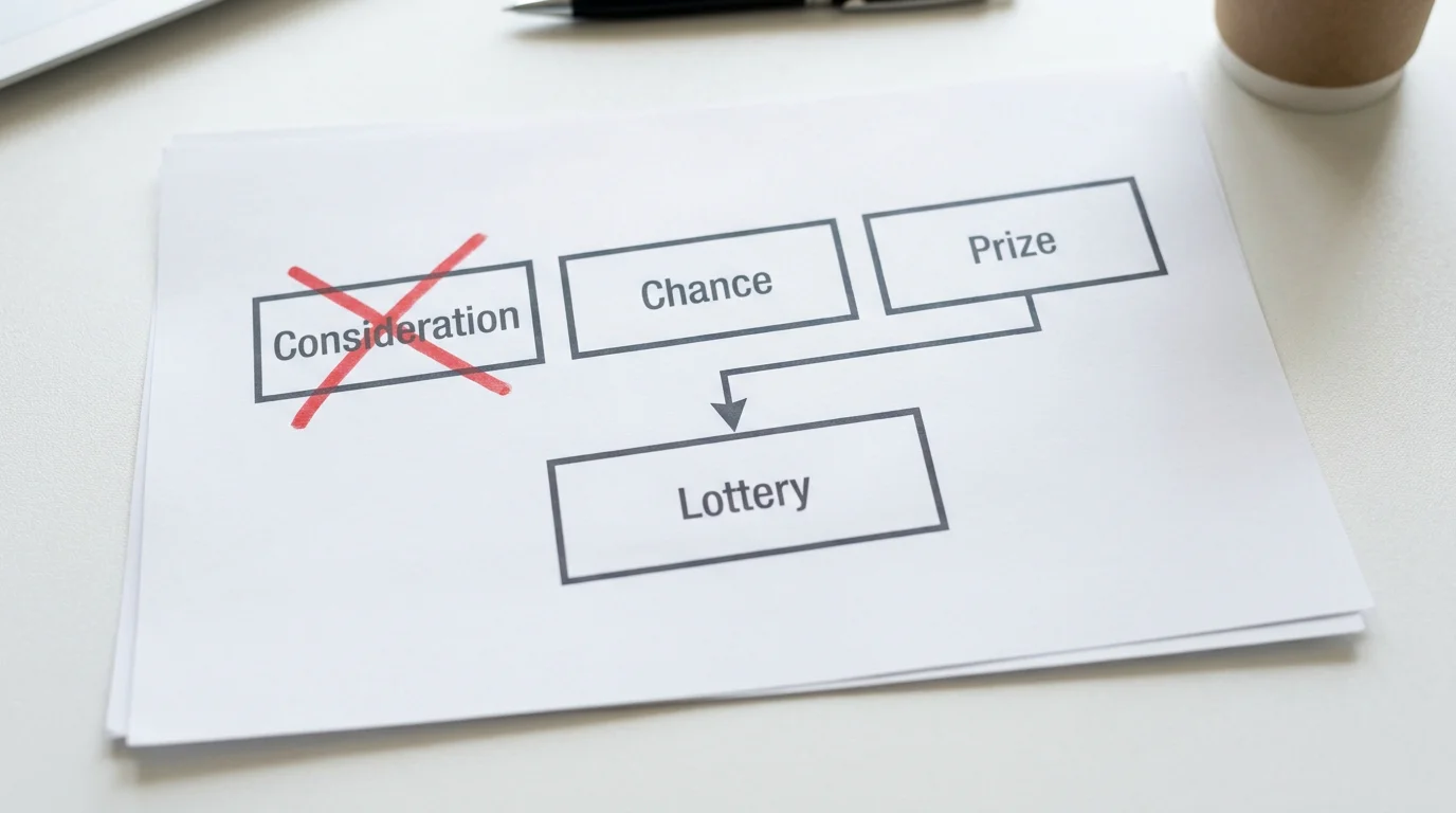 Clean diagram of the three-element lottery test: consideration, chance, and prize, showing how AMOE removes consideration