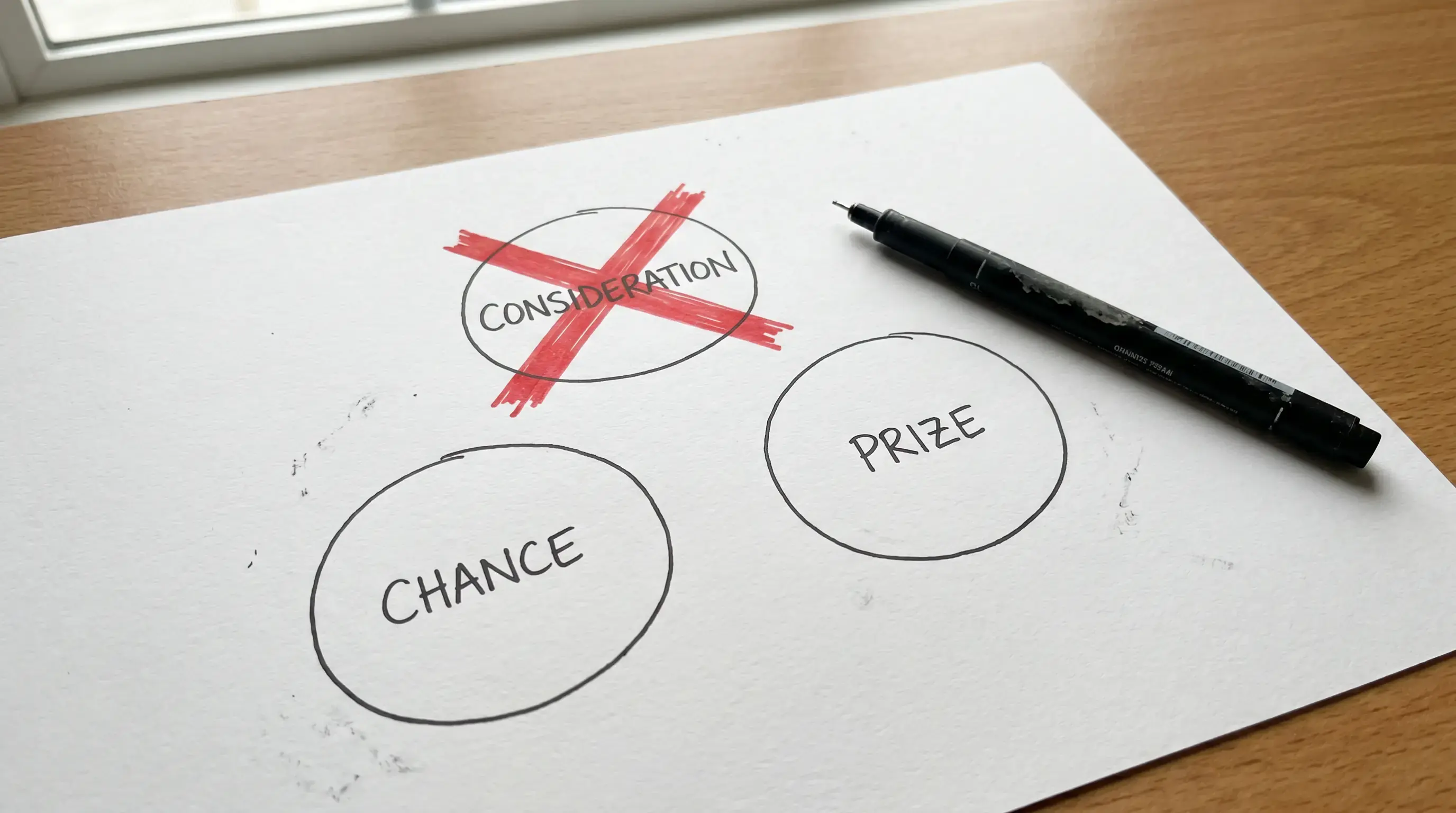 Three-element illegal lottery test showing consideration chance and prize with no-purchase-necessary rule eliminating consideration for sweepstakes